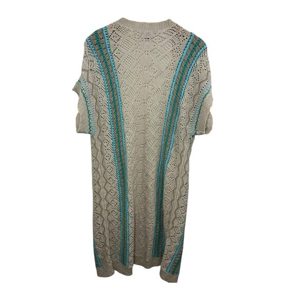 Crochet Duster Cardigan Festival Large Beige Hippie Short Sleeve Boho Lagenlook - Picture 2 of 8